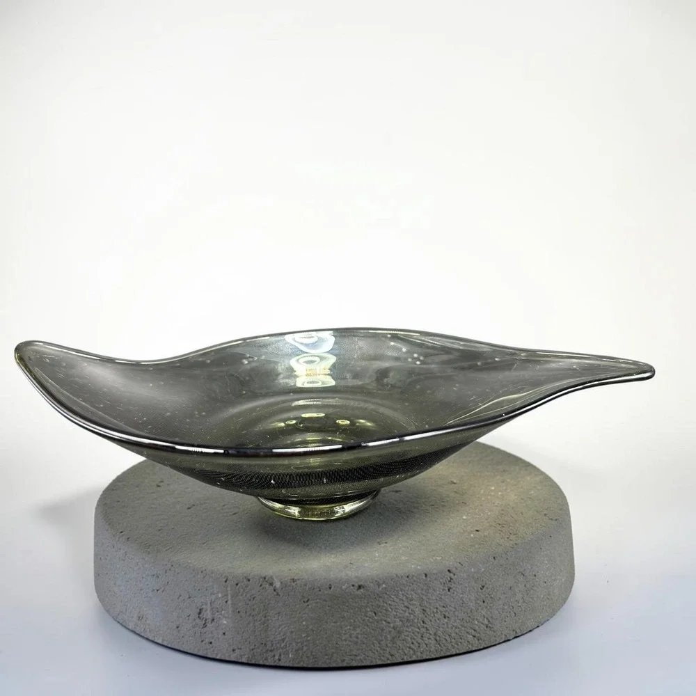 Viking Mid Century Modern Smokey Olive Green Hand Blown Glass Centerpiece Bowl